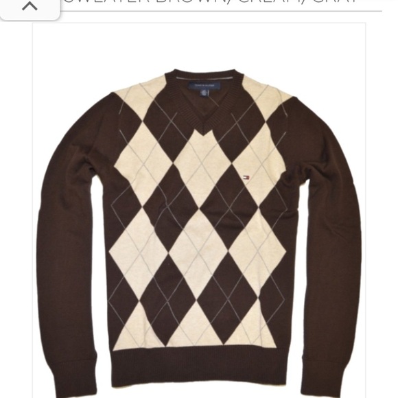 Tommy Hilfiger Brown and Cream Argyle Cotton V-Neck Pullover Sweater Large - Picture 1 of 7